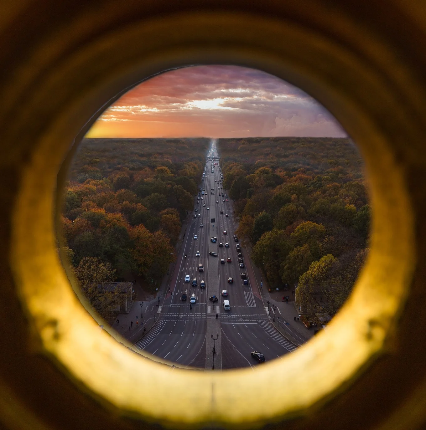 Circular view, road with cars, surrounded by trees.